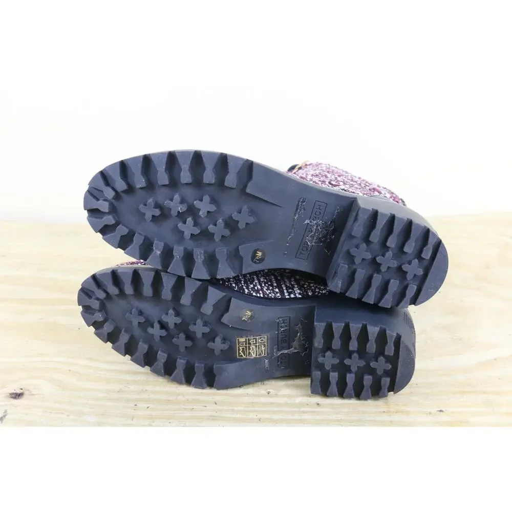 New Tory Burch Boots 7.5M Purple Tweed Leather Miller Combat Ankle Shoes